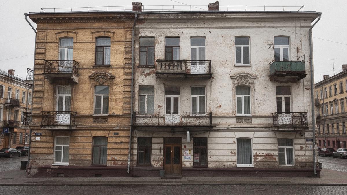 Facade of an early 20th century brick apartment building on a Podil street in Kyiv